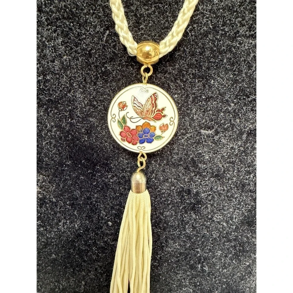Vintage Double Sided Cloisonné Pendant On Braided Cord Tassel 19 Inch Length